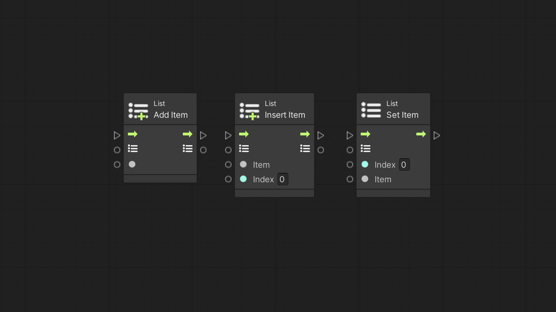 Unity Visual Scripting – List Add Item, List Insert Item and Set Item nodes