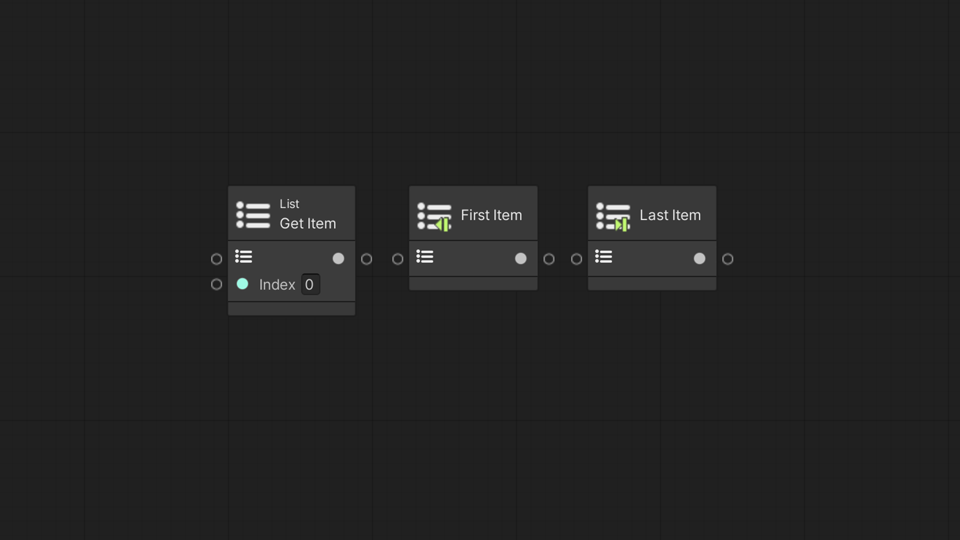 Unity Visual Scripting – Get Item, First Item and Last Item nodes