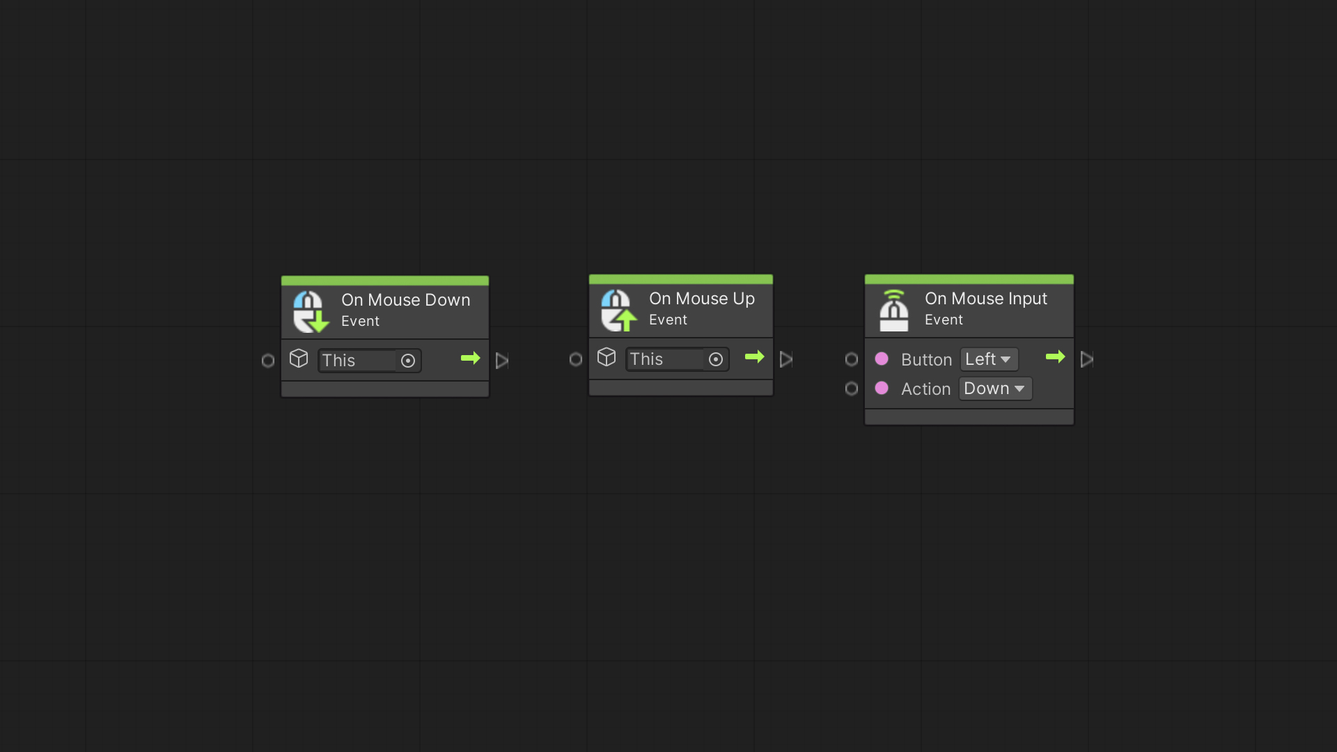 Unity Visual Scripting – On Mouse Down, On Mouse Up, and On Mouse Input event nodes