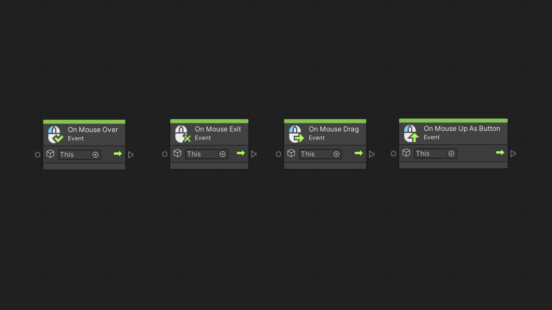 Unity Visual Scripting – On Mouse Over, On Mouse Exit, On Mouse Drag, and On Mouse Up As Button event nodes